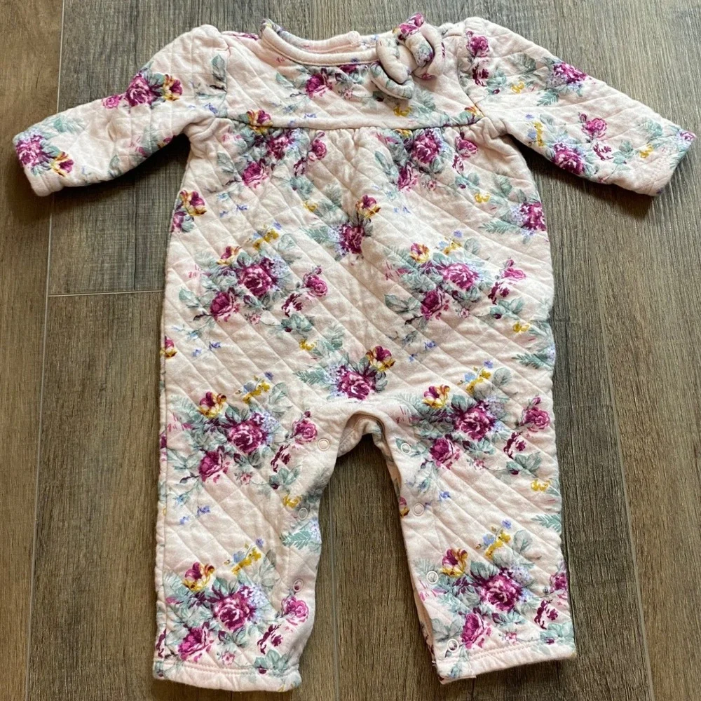 Janie and Jack Pink‎ Floral Quilted Romper One-Piece 3-6 Months Long Sleeve Bow